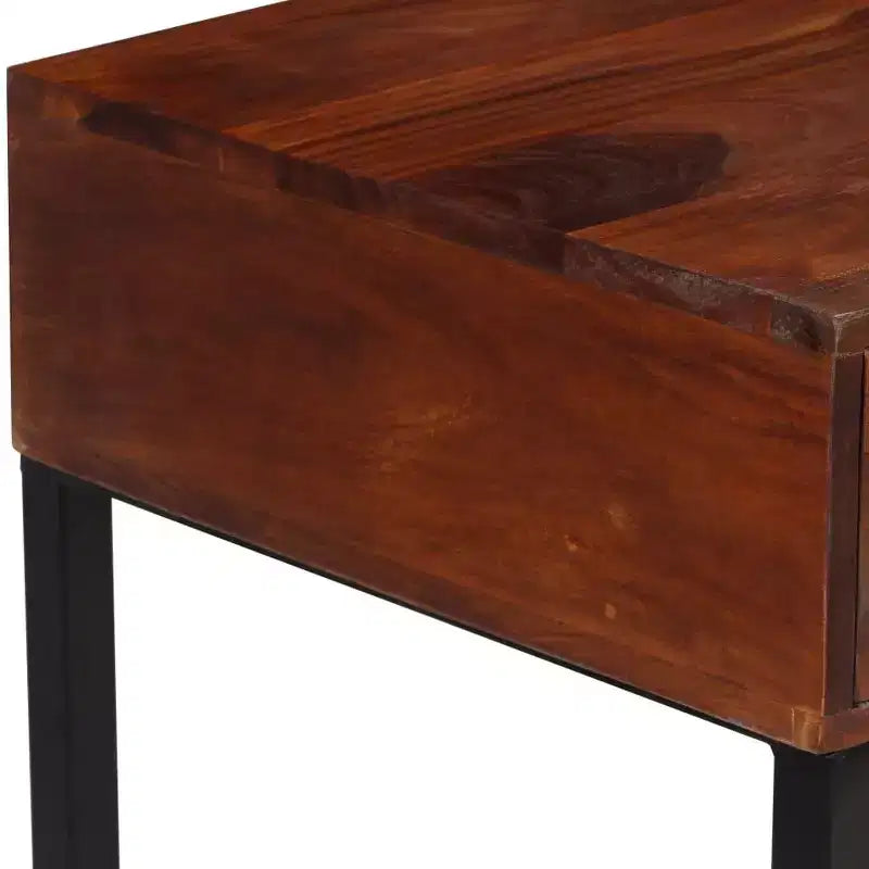 Bureau en bois massif avec accents en cuir et 3 tiroirs, marron foncé