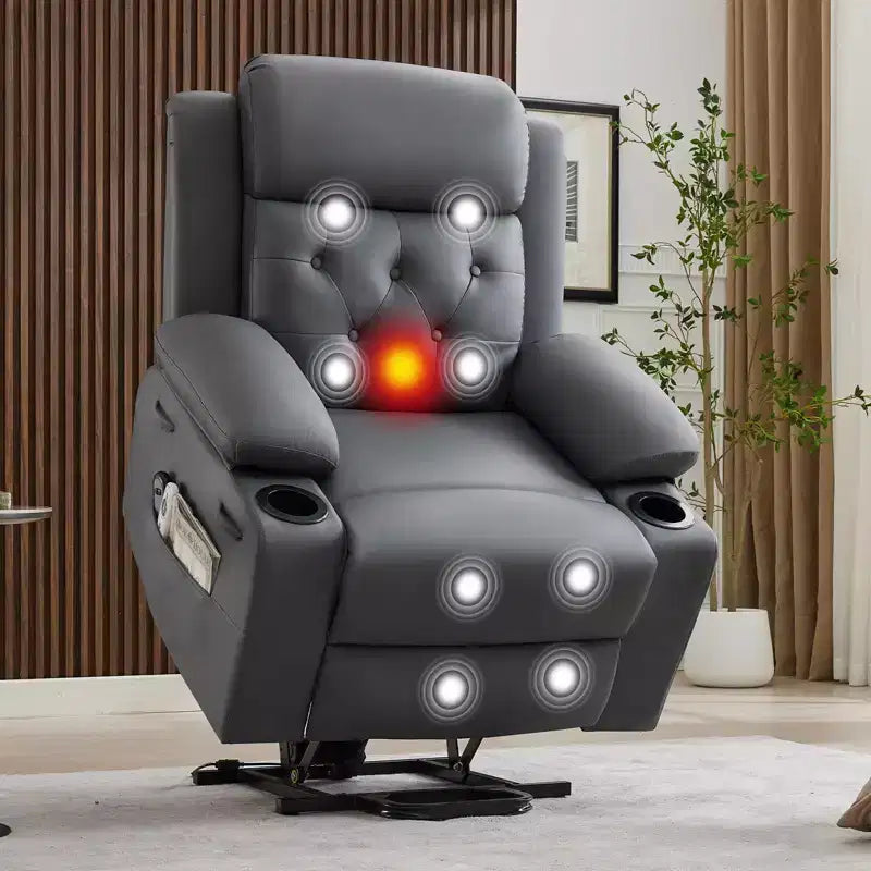 Fauteuil inclinable électrique surdimensionné 42" en cuir PU avec massage et chauffage, deux porte-gobelets et poches latérales
