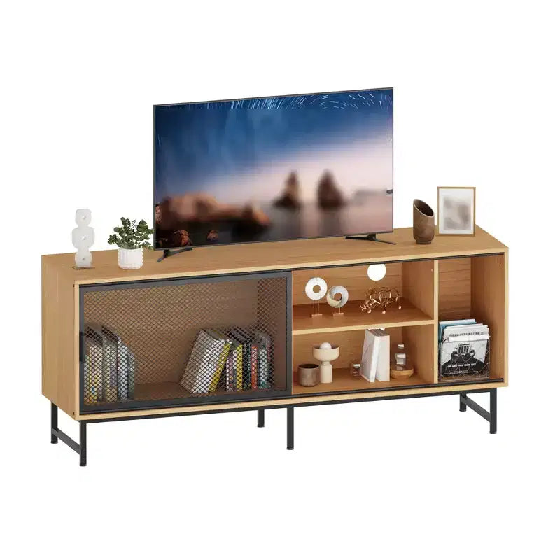 Meuble TV Moderne pour Téléviseurs jusqu'à 65 pouces, Meuble de Rangement TV en Bois de 160 cm avec Porte Coulissante en Maille Métallique, Table Console Multimédia pour Salon et Chambre à Coucher
