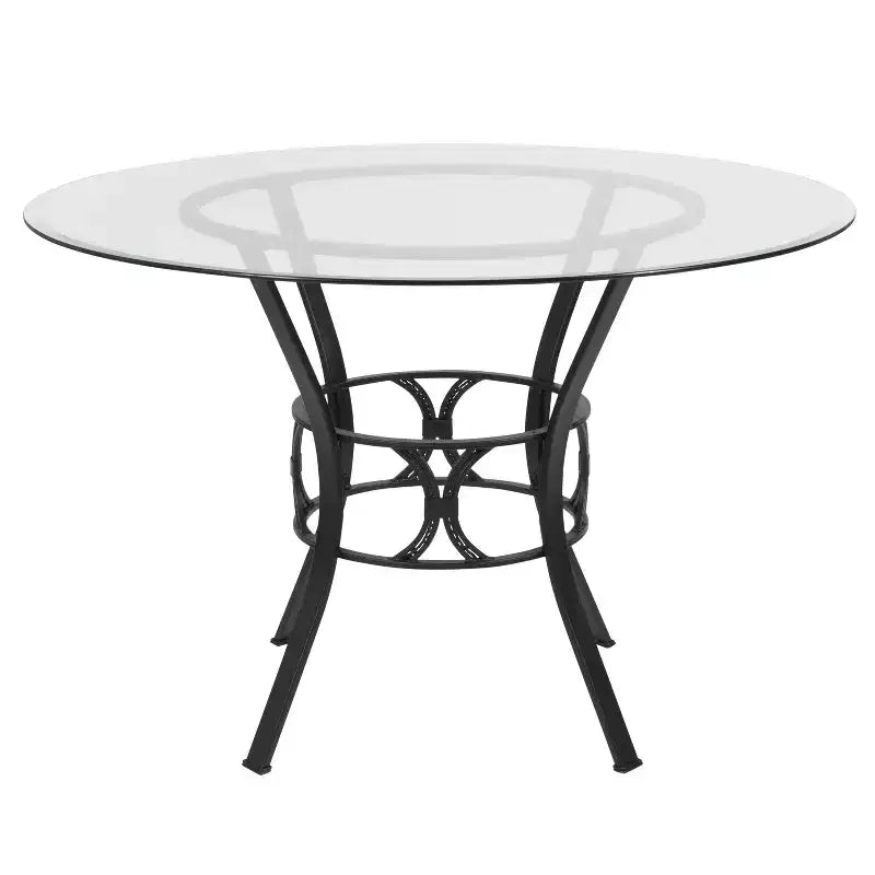 Table à manger ronde en verre de 45 pouces, pied central en métal noir, pour jusqu'à 5 personnes
