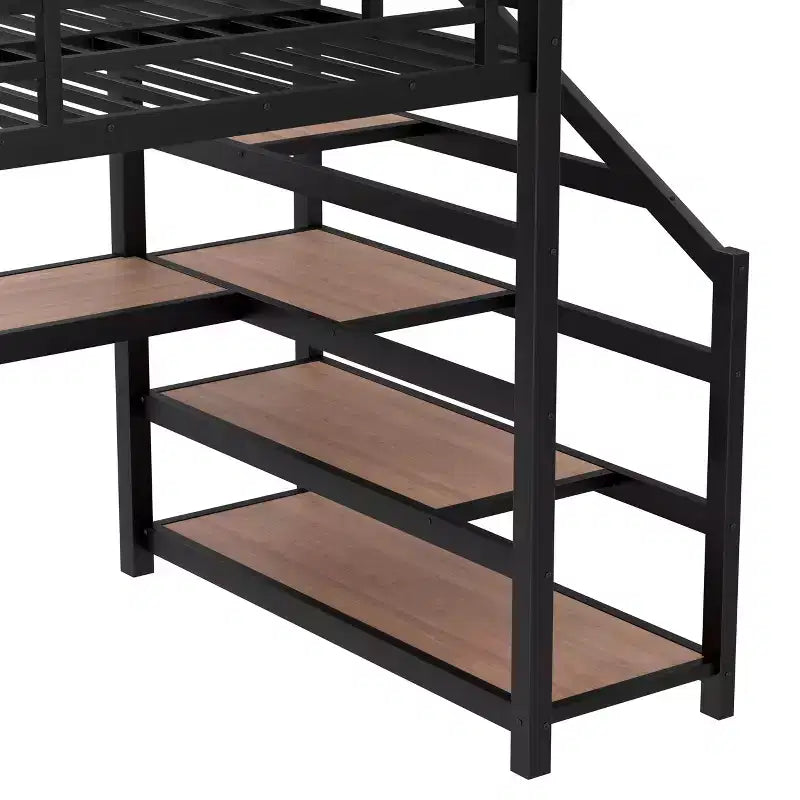 Lit mezzanine en métal double/grand format avec bureau, éclairage LED, ports USB, escaliers de rangement et filets en fer multifonctionnels, noir
