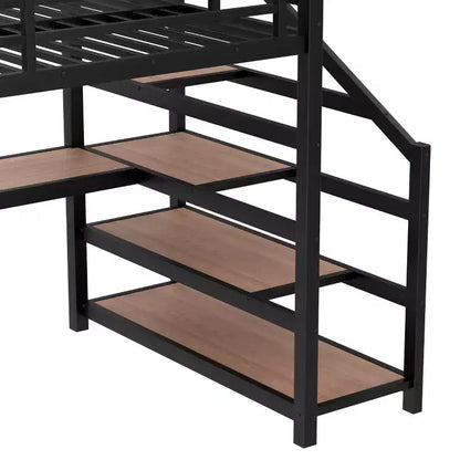Lit mezzanine en métal double/grand format avec bureau, éclairage LED, ports USB, escaliers de rangement et filets en fer multifonctionnels, noir