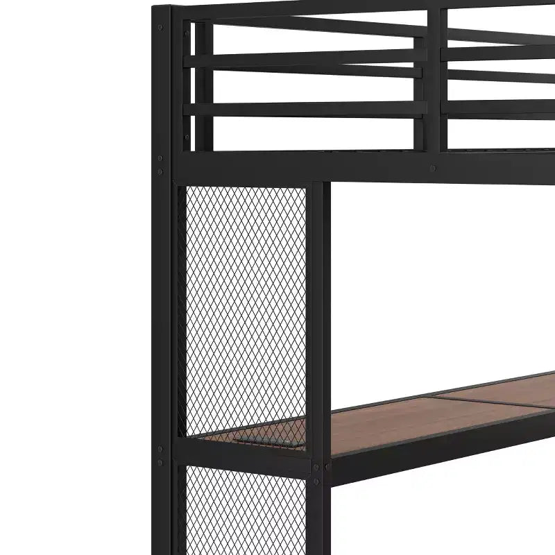 Lit mezzanine en métal double/grand format avec bureau, éclairage LED, ports USB, escaliers de rangement et filets en fer multifonctionnels, noir