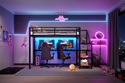 Lit mezzanine en métal double/grand format avec bureau, éclairage LED, ports USB, escaliers de rangement et filets en fer multifonctionnels, noir