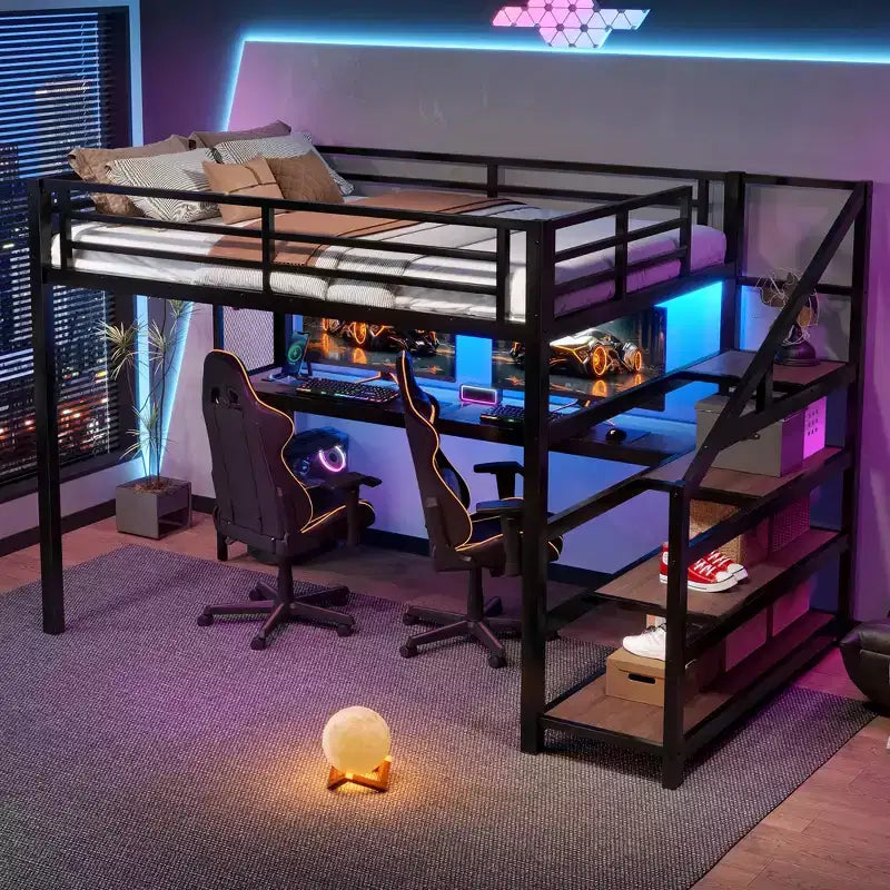 Lit mezzanine en métal double/grand format avec bureau, éclairage LED, ports USB, escaliers de rangement et filets en fer multifonctionnels, noir