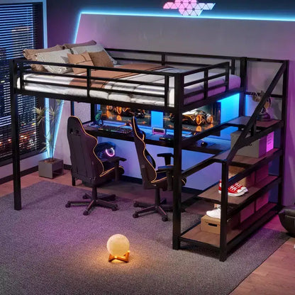 Lit mezzanine en métal double/grand format avec bureau, éclairage LED, ports USB, escaliers de rangement et filets en fer multifonctionnels, noir