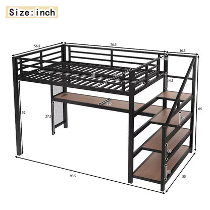 Lit mezzanine en métal double/grand format avec bureau, éclairage LED, ports USB, escaliers de rangement et filets en fer multifonctionnels, noir