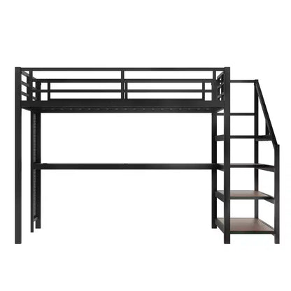Lit mezzanine en métal double/grand format avec bureau, éclairage LED, ports USB, escaliers de rangement et filets en fer multifonctionnels, noir