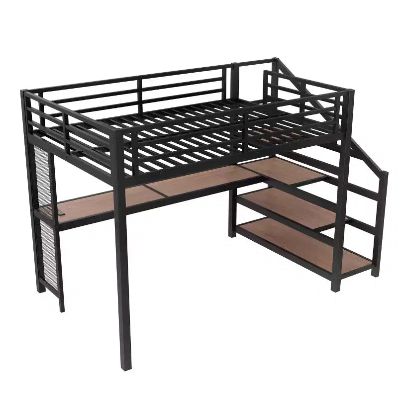 Lit mezzanine en métal double/grand format avec bureau, éclairage LED, ports USB, escaliers de rangement et filets en fer multifonctionnels, noir