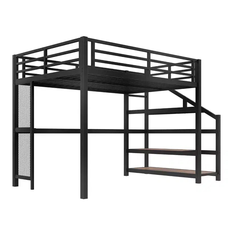 Lit mezzanine en métal double/grand format avec bureau, éclairage LED, ports USB, escaliers de rangement et filets en fer multifonctionnels, noir