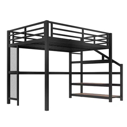 Lit mezzanine en métal double/grand format avec bureau, éclairage LED, ports USB, escaliers de rangement et filets en fer multifonctionnels, noir
