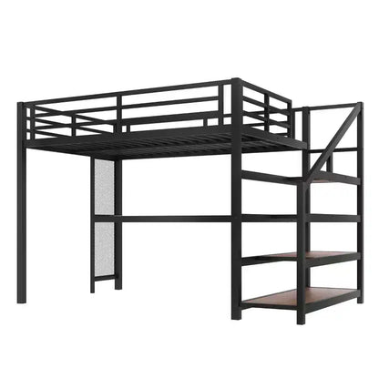 Lit mezzanine en métal double/grand format avec bureau, éclairage LED, ports USB, escaliers de rangement et filets en fer multifonctionnels, noir