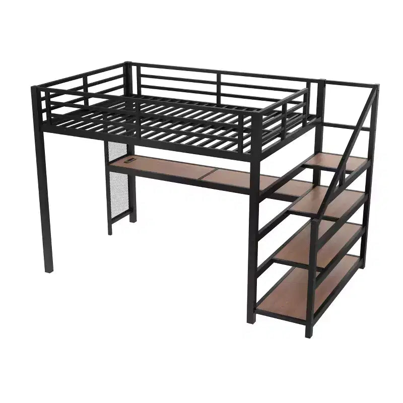 Lit mezzanine en métal double/grand format avec bureau, éclairage LED, ports USB, escaliers de rangement et filets en fer multifonctionnels, noir
