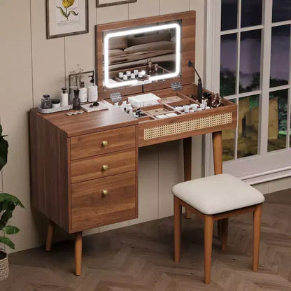 Coiffeuse de style rétro avec tabouret, miroir, lumières LED, plateau rabattable, 3 tiroirs et 10 compartiments, table de maquillage pour chambre à coucher, noyer