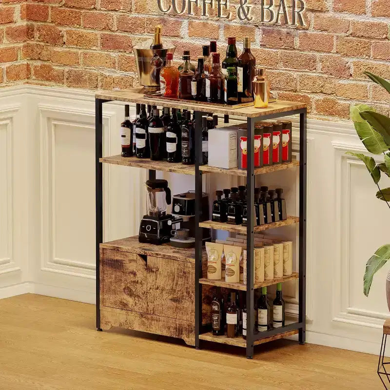 Meuble de cuisine à 5 niveaux avec armoire, organiseur de micro-ondes autoportant de 97 cm avec étagères, station de café pour cuisine, bureau