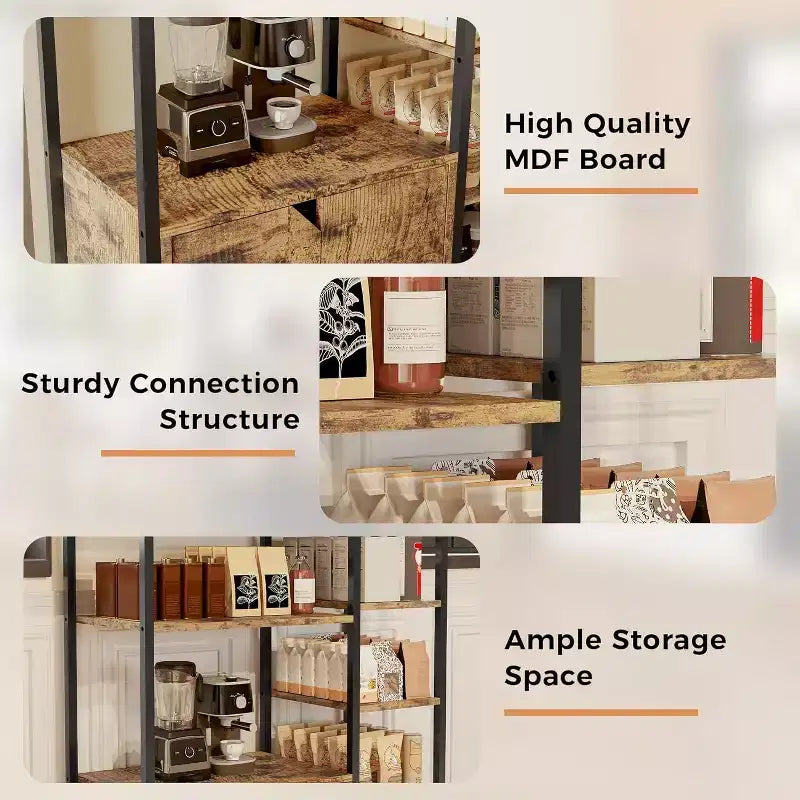 Meuble de cuisine à 5 niveaux avec armoire, organiseur de micro-ondes autoportant de 97 cm avec étagères, station de café pour cuisine, bureau