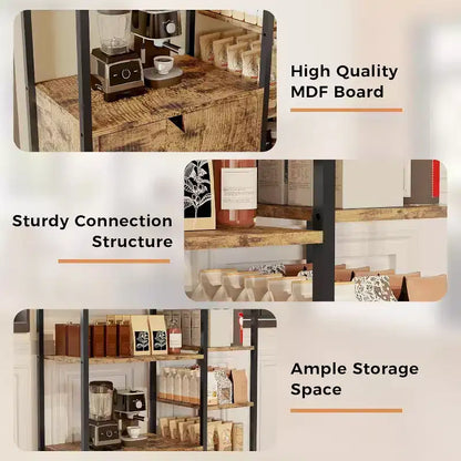 Meuble de cuisine à 5 niveaux avec armoire, organiseur de micro-ondes autoportant de 97 cm avec étagères, station de café pour cuisine, bureau