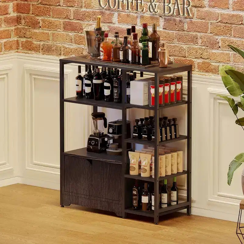 Meuble de cuisine à 5 niveaux avec armoire, organiseur de micro-ondes autoportant de 97 cm avec étagères, station de café pour cuisine, bureau