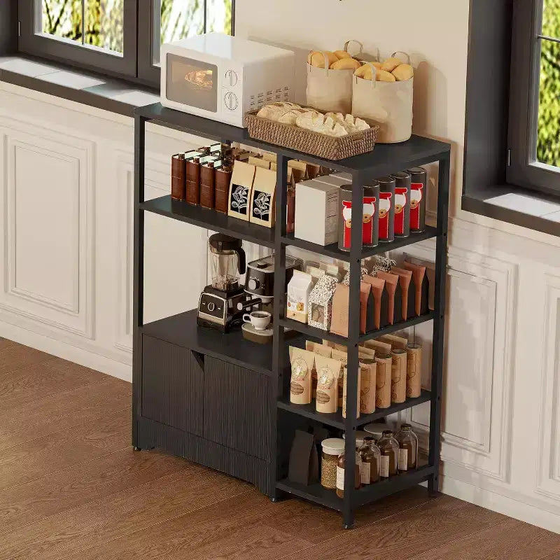 Meuble de cuisine à 5 niveaux avec armoire, organiseur de micro-ondes autoportant de 97 cm avec étagères, station de café pour cuisine, bureau