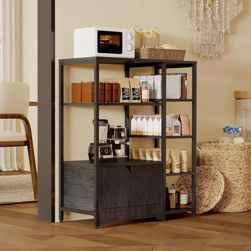 5-Tier Kitchen Bakers Rack with Cabinet, 38.2 Inch Freestanding Microwave Stand Organizer with Shelves, Coffee Bar Station for Kitchen,Office