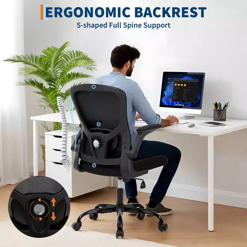 Fauteuil de bureau ergonomique à dossier haut, soutien lombaire et appui-tête réglables, accoudoirs relevables, noir