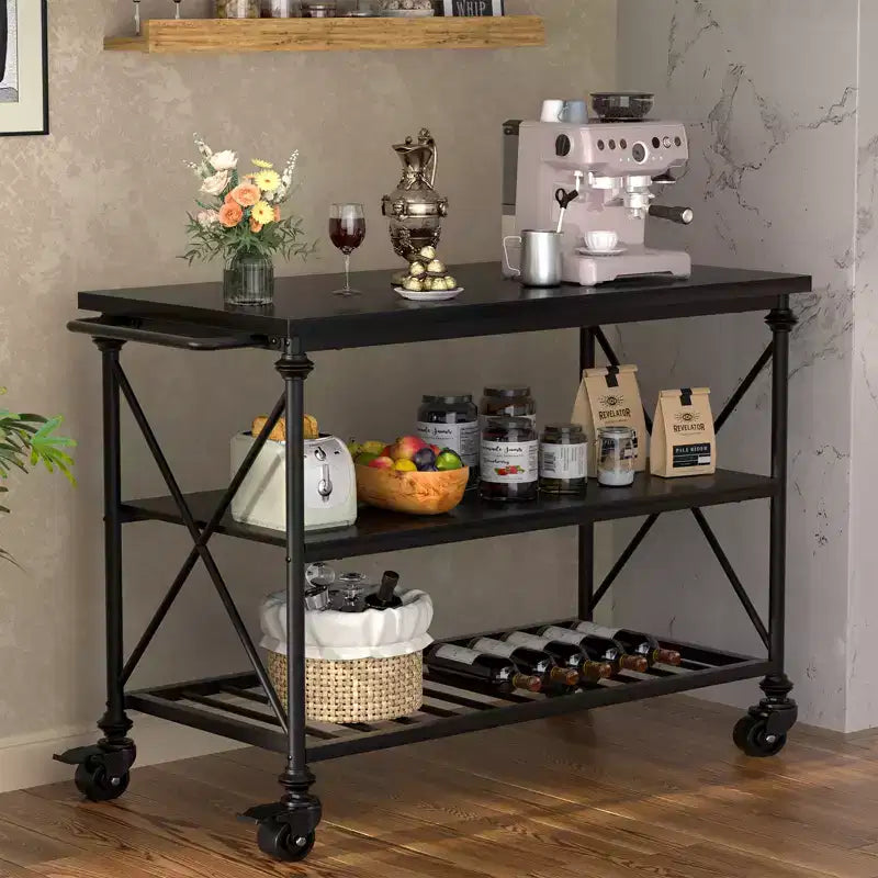 Dessert de cuisine roulant à 3 niveaux avec roulettes, pieds en tuyaux industriels et roulettes verrouillables