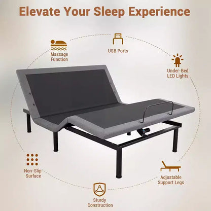 Cadre de lit réglable, inclinaison tête et pieds, cadre de lit ergonomique avec 2 ports USB et veilleuse LED, massage et télécommande sans fil, moteur silencieux, noir