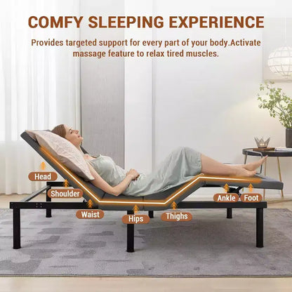 Cadre de lit réglable, inclinaison tête et pieds, cadre de lit ergonomique avec 2 ports USB et veilleuse LED, massage et télécommande sans fil, moteur silencieux, noir