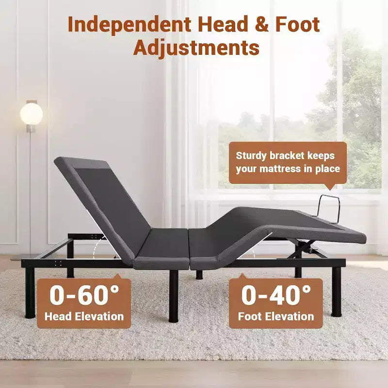 Cadre de lit réglable, inclinaison tête et pieds, cadre de lit ergonomique avec 2 ports USB et veilleuse LED, massage et télécommande sans fil, moteur silencieux, noir