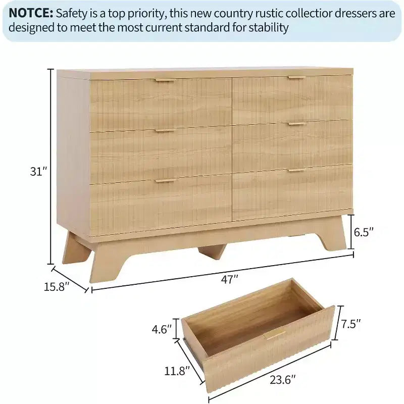 Commode flûtée à 6 tiroirs, Armoire de rangement incurvée en chêne naturel pour Chambre & Salon