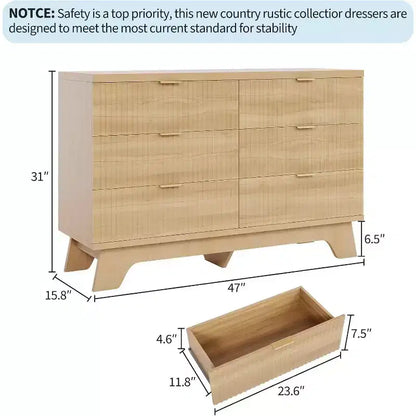 Commode flûtée à 6 tiroirs, Armoire de rangement incurvée en chêne naturel pour Chambre & Salon