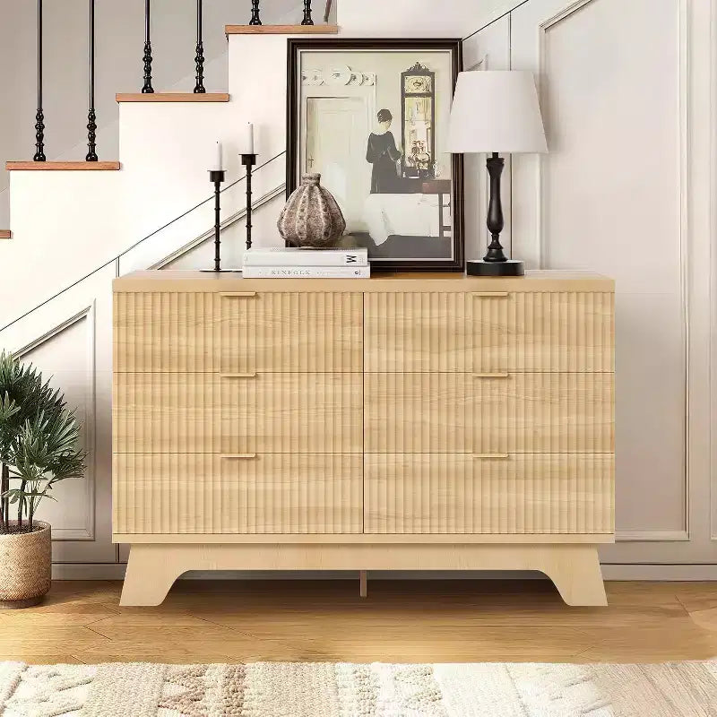 Commode flûtée à 6 tiroirs, Armoire de rangement incurvée en chêne naturel pour Chambre & Salon