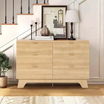 Commode flûtée à 6 tiroirs, Armoire de rangement incurvée en chêne naturel pour Chambre & Salon