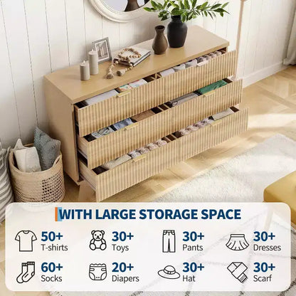 Commode flûtée à 6 tiroirs, Armoire de rangement incurvée en chêne naturel pour Chambre & Salon