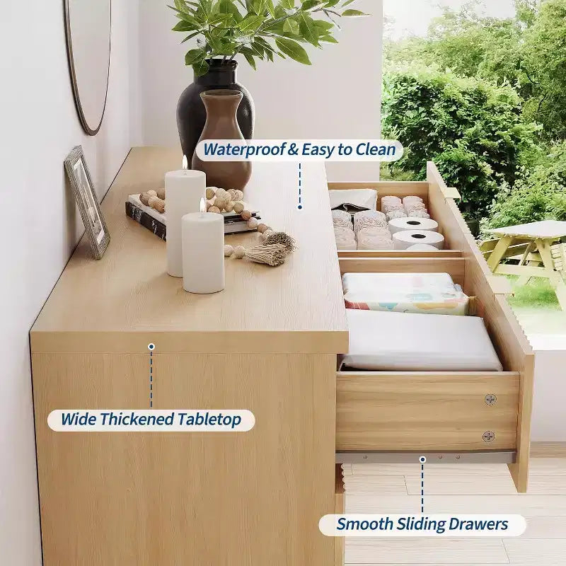 Commode flûtée à 6 tiroirs, Armoire de rangement incurvée en chêne naturel pour Chambre & Salon