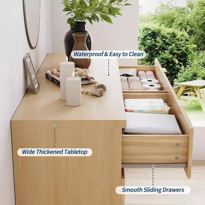 Commode flûtée à 6 tiroirs, Armoire de rangement incurvée en chêne naturel pour Chambre & Salon
