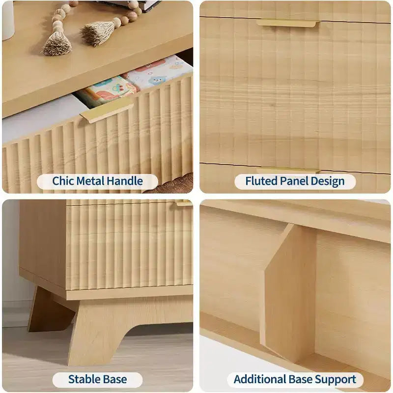 Commode flûtée à 6 tiroirs, Armoire de rangement incurvée en chêne naturel pour Chambre & Salon