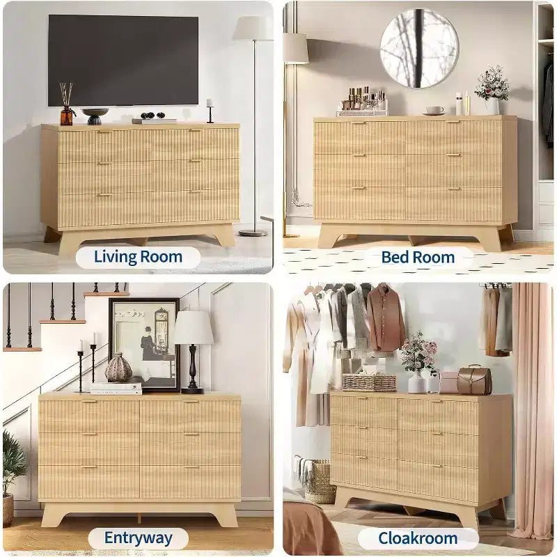 Commode flûtée à 6 tiroirs, Armoire de rangement incurvée en chêne naturel pour Chambre & Salon
