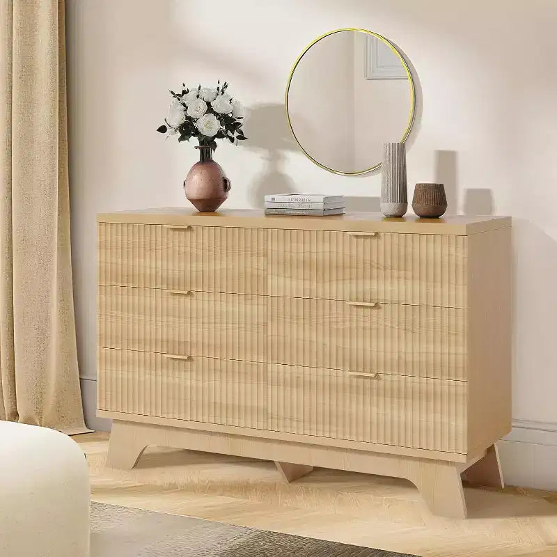 Commode flûtée à 6 tiroirs, Armoire de rangement incurvée en chêne naturel pour Chambre & Salon
