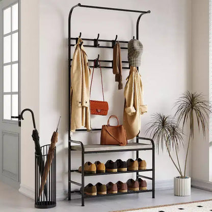 Porte-manteau d'entrée 4-en-1 autoportant avec banc de rangement pour chaussures, étagère à 3 niveaux, tringle de suspension et 8 crochets réglables pour entrée et chambre