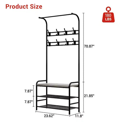 Porte-manteau d'entrée 4-en-1 autoportant avec banc de rangement pour chaussures, étagère à 3 niveaux, tringle de suspension et 8 crochets réglables pour entrée et chambre