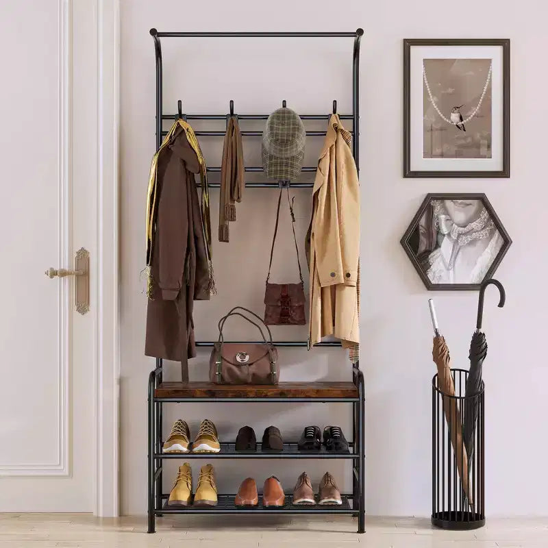 Porte-manteau d'entrée 4-en-1 autoportant avec banc de rangement pour chaussures, étagère à 3 niveaux, tringle de suspension et 8 crochets réglables pour entrée et chambre