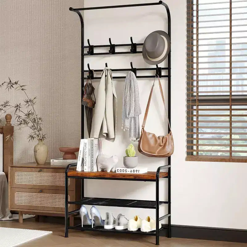 Entryway Hall Tree, 4-in-1 Freestanding Coat Rack w/Shoe Storage Bench, 3-Tier Shelf, Hanging Rod & 8 Adjustable Hooks for Entryway Bedroom