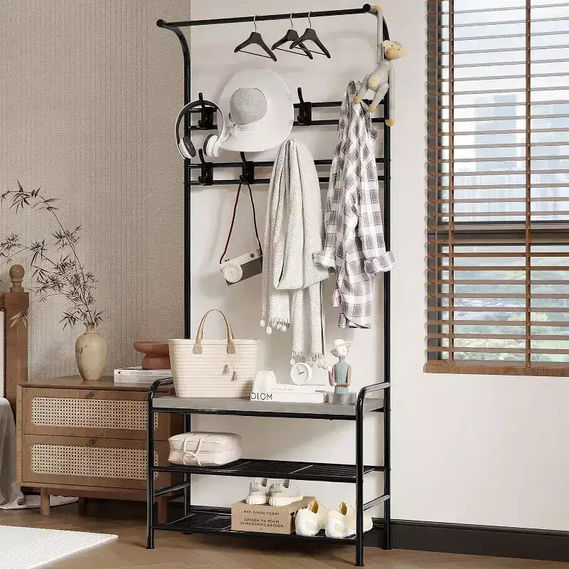 Porte-manteau d'entrée 4-en-1 autoportant avec banc de rangement pour chaussures, étagère à 3 niveaux, tringle de suspension et 8 crochets réglables pour entrée et chambre