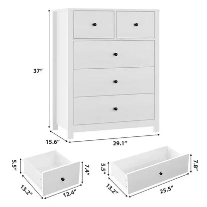 Commode 5 tiroirs - Meuble de rangement moderne en bois de 140 cm de haut avec dispositif anti-basculement pour chambre à coucher, salon, entrée, couloir et bureau à domicile
