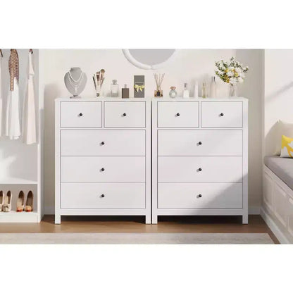 Commode 5 tiroirs - Meuble de rangement moderne en bois de 140 cm de haut avec dispositif anti-basculement pour chambre à coucher, salon, entrée, couloir et bureau à domicile