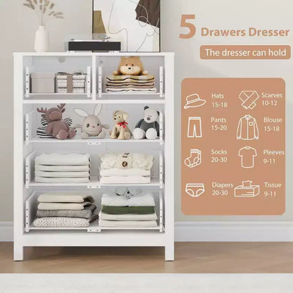 Commode 5 tiroirs - Meuble de rangement moderne en bois de 140 cm de haut avec dispositif anti-basculement pour chambre à coucher, salon, entrée, couloir et bureau à domicile
