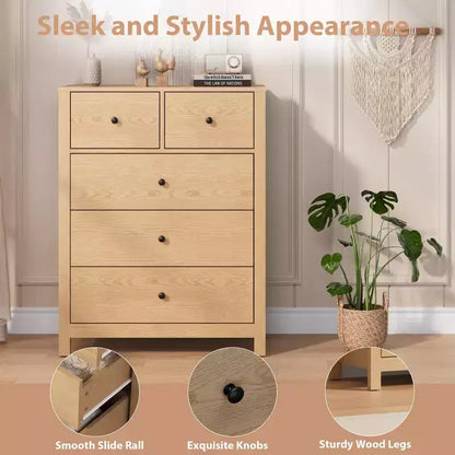 Commode 5 tiroirs - Meuble de rangement moderne en bois de 140 cm de haut avec dispositif anti-basculement pour chambre à coucher, salon, entrée, couloir et bureau à domicile