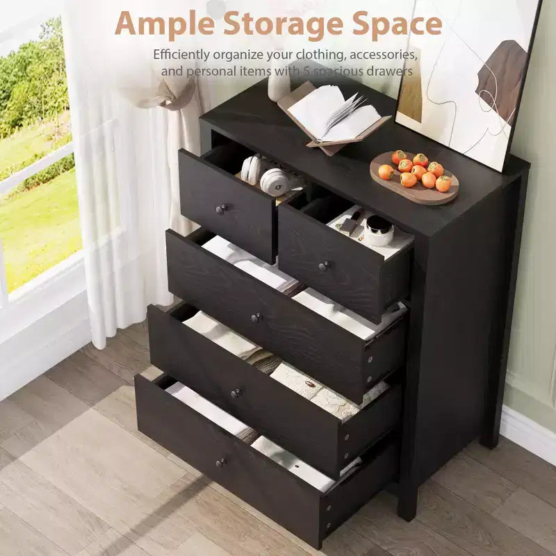 Commode 5 tiroirs - Meuble de rangement moderne en bois de 140 cm de haut avec dispositif anti-basculement pour chambre à coucher, salon, entrée, couloir et bureau à domicile