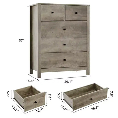 Commode 5 tiroirs - Meuble de rangement moderne en bois de 140 cm de haut avec dispositif anti-basculement pour chambre à coucher, salon, entrée, couloir et bureau à domicile